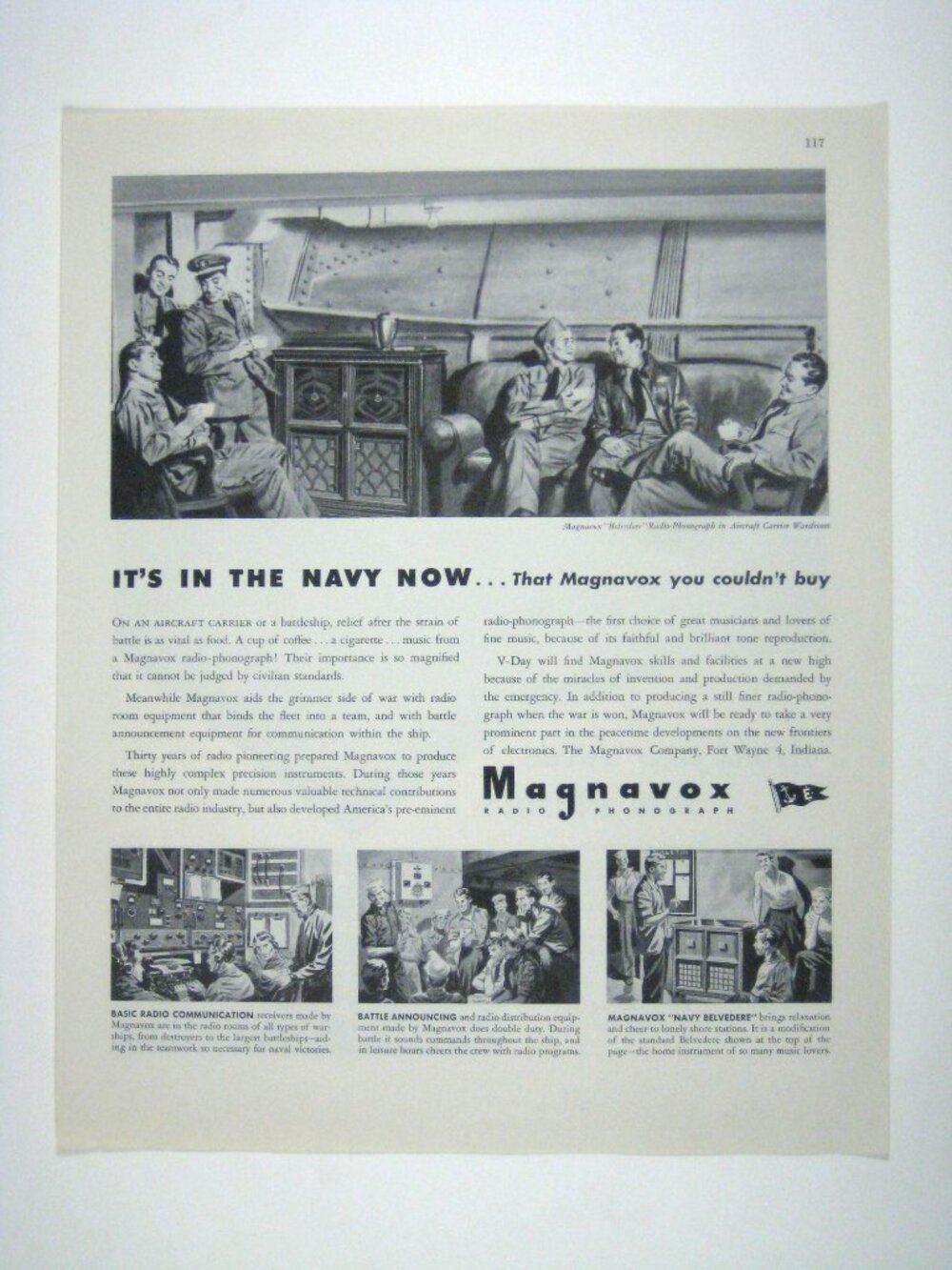 Vintage 1944 Magnavox Radio Phonograph Navy Print Ad WWII Era